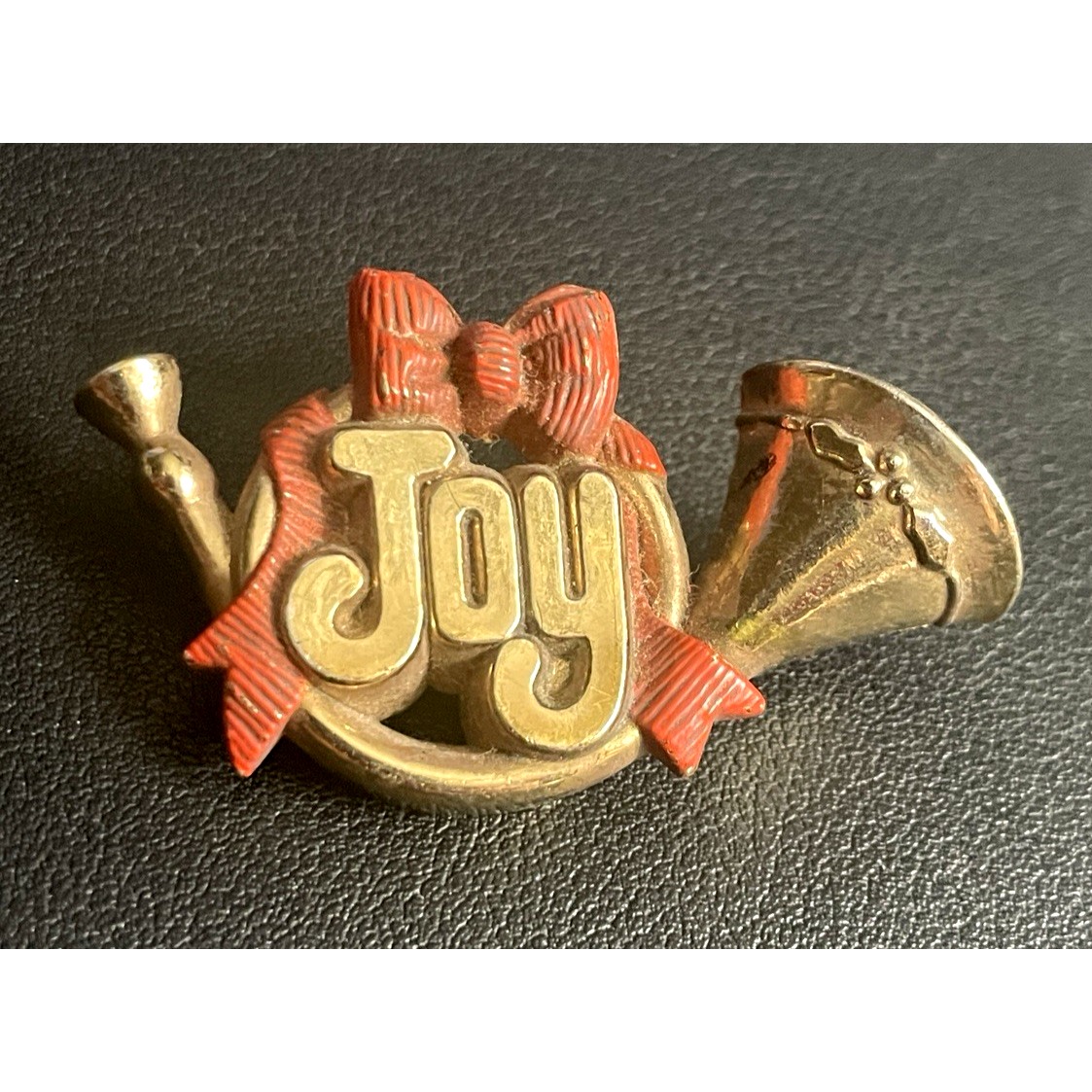 Vintage Hallmark Joy Brooch 80s French Horn Ribbon Christmas Pin Acrylic Jewelry